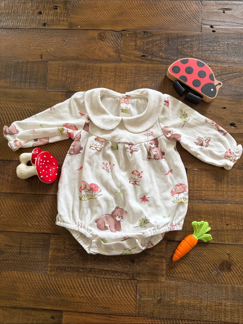 Baby Girls White Woodland Bear Collared One-Piece